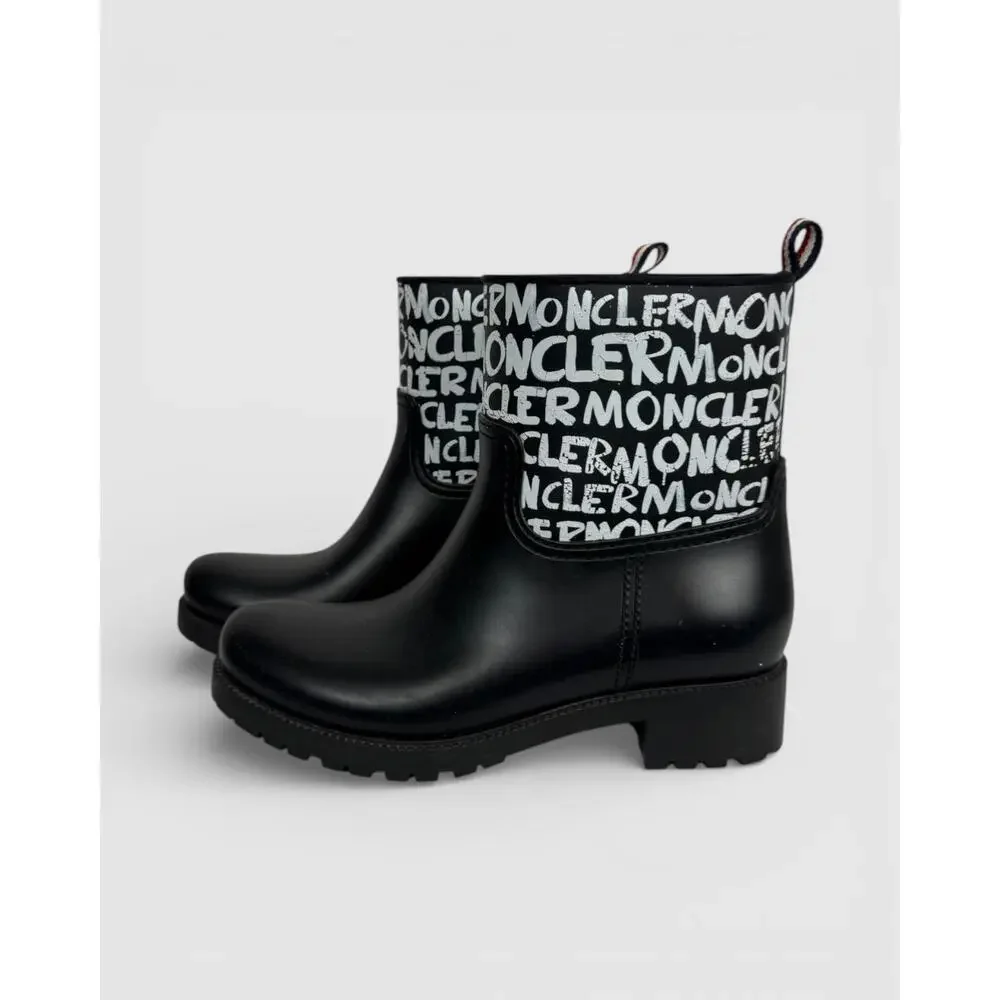 Moncler Black Rubber w White Graphic Mid-Calf Rain Boots